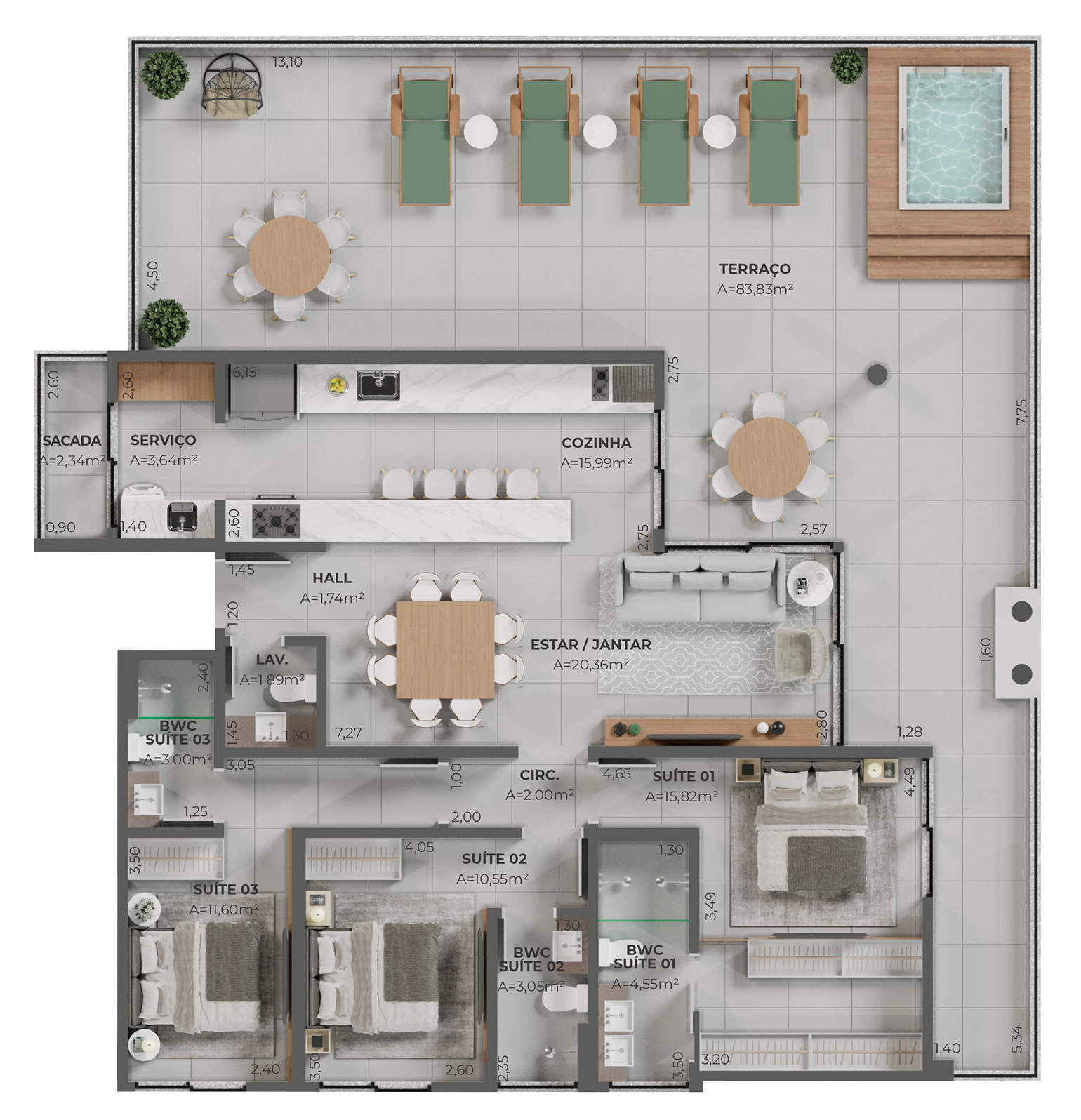 Planta do Modelo 03, 210,51 m², 3 dormitórios com 3 suítes